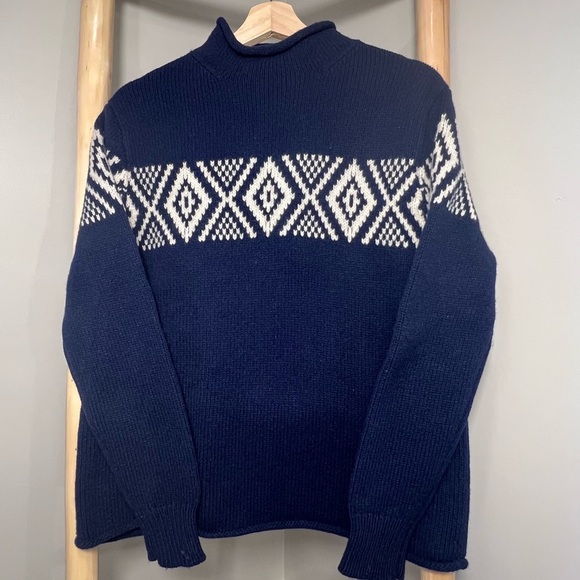 J Crew Always fisherman Fair Isle jacquard 100% Wool mock Roll Neck Sweater Navy - Picture 3 of 10